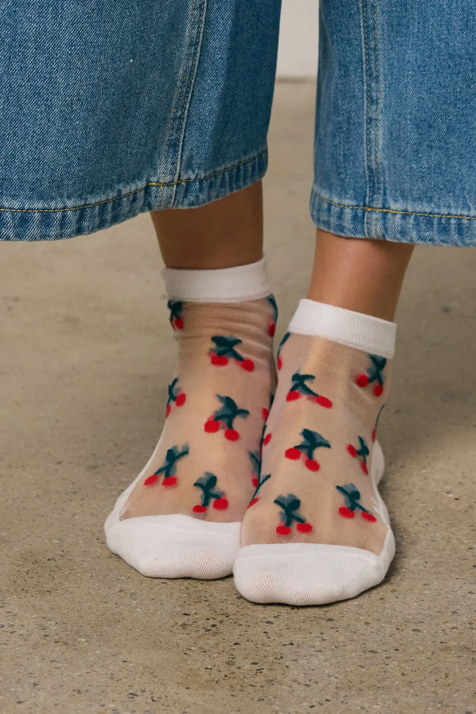 Sheer Cherry Socks in White sold by bohme