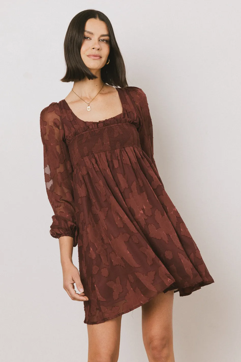 Miles Smocked Mini Dress in Red-Brown - FINAL SALE sold by bohme