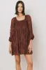 Miles Smocked Mini Dress in Red-Brown sold by bohme