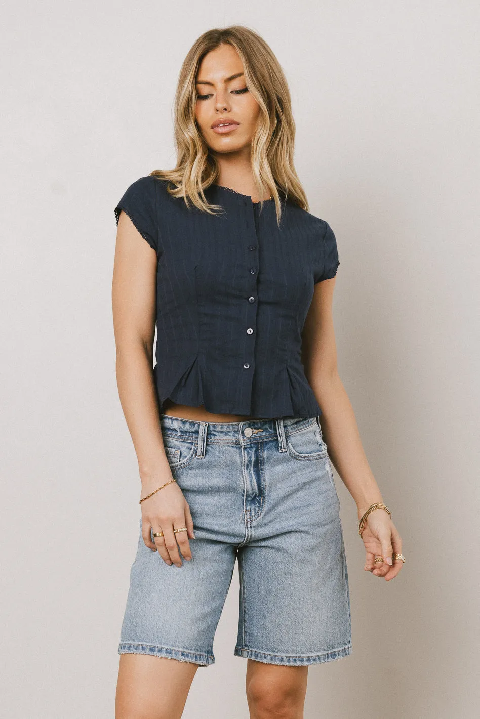 Rumi Button Front Blouse in Navy sold by bohme