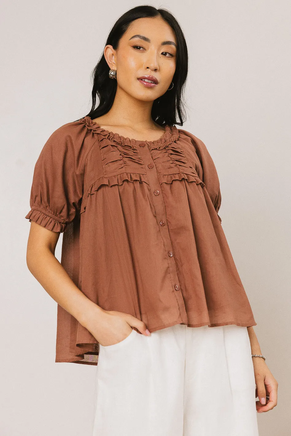 Ryder Ruffle Blouse in Marsala sold by bohme
