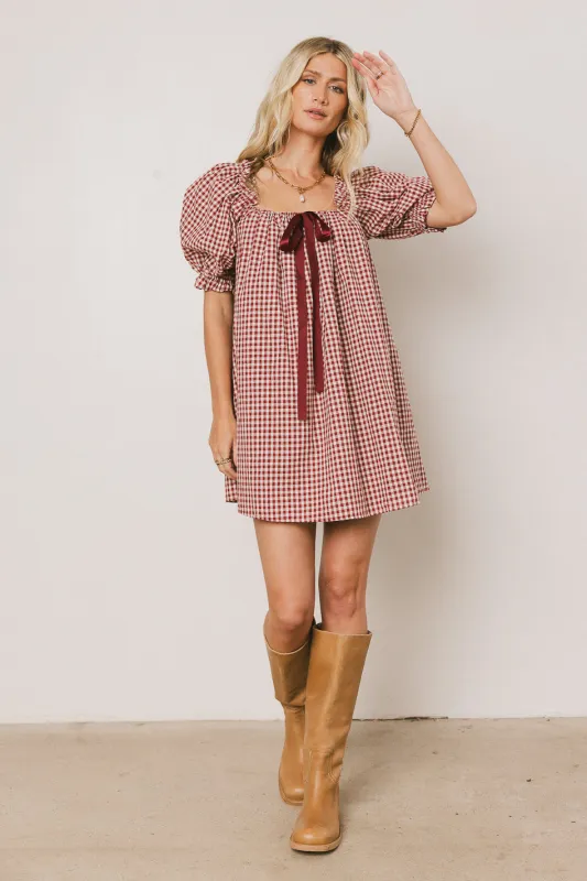 Cody Gingham Mini Dress in Burgundy sold by bohme