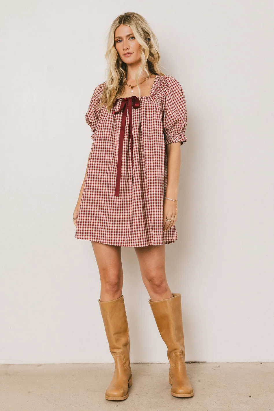 Cody Gingham Mini Dress in Burgundy sold by bohme product image thumbnail 4