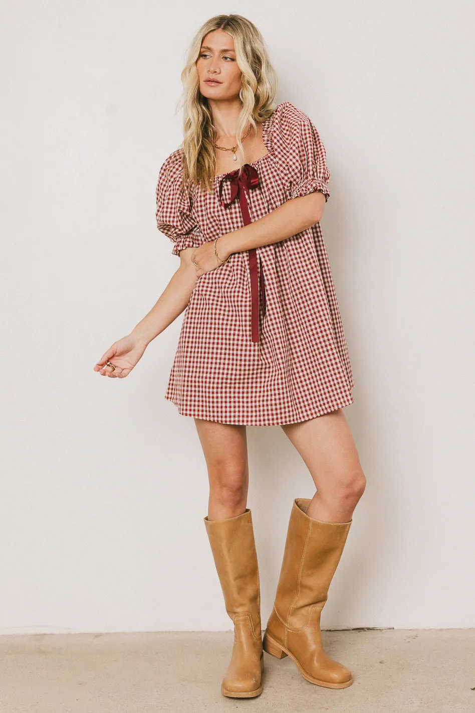 Cody Gingham Mini Dress in Burgundy sold by bohme product image thumbnail 5