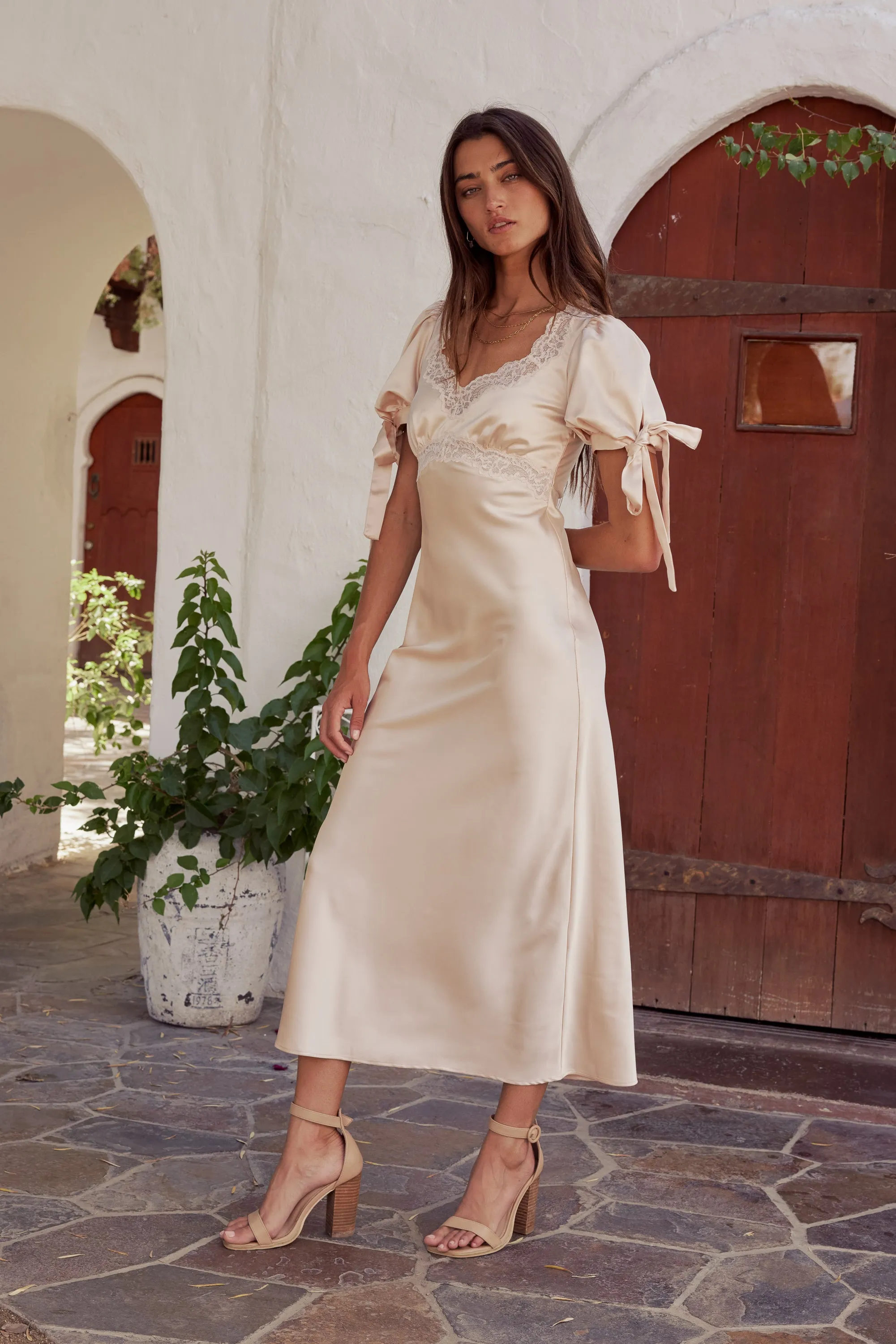 Amanda Lace Trim Maxi Dress in Blush sold by bohme