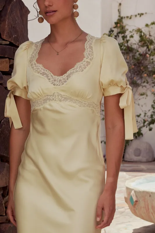 Amanda Lace Trim Maxi Dress in Butter Yellow sold by bohme