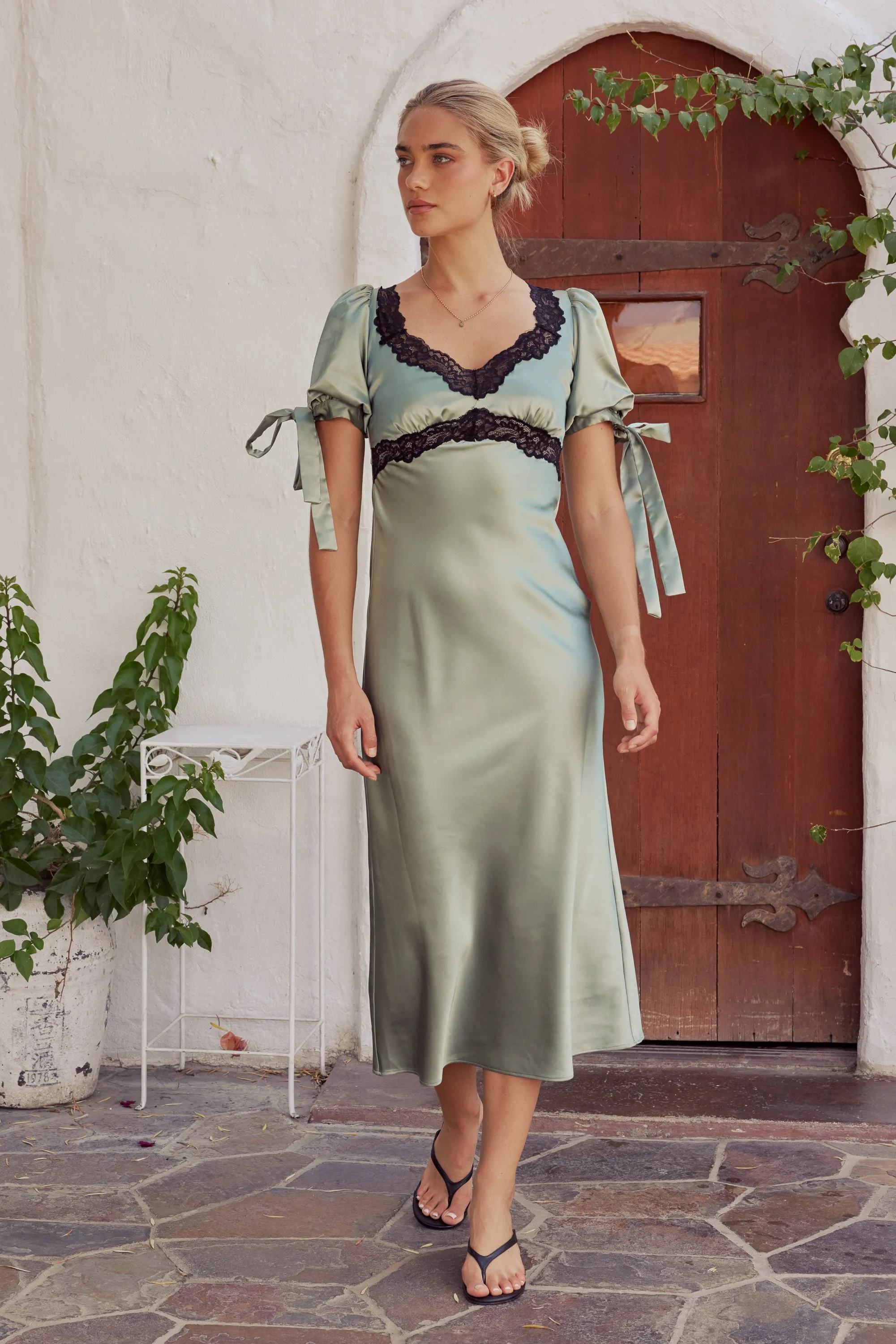 Amanda Lace Trim Maxi Dress in Sage sold by bohme