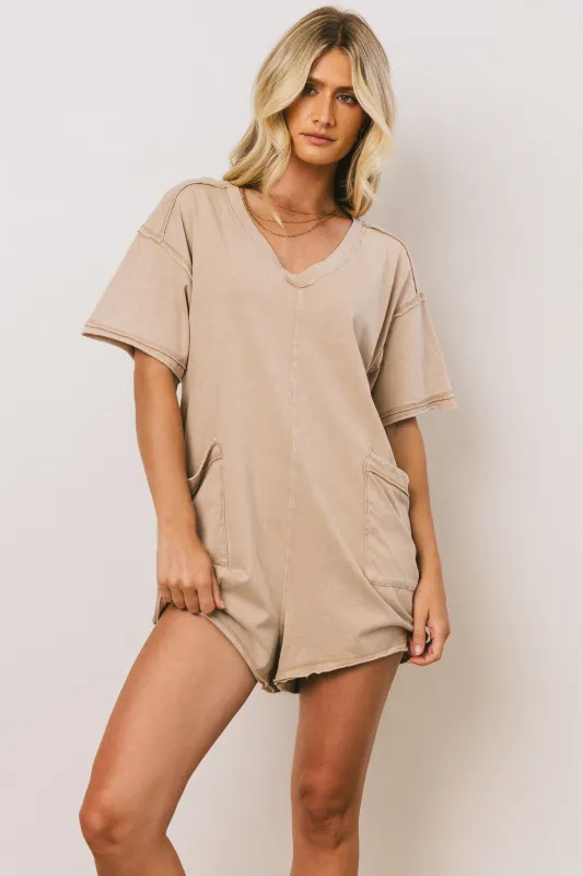 Lynn Relaxed Romper in Taupe sold by bohme