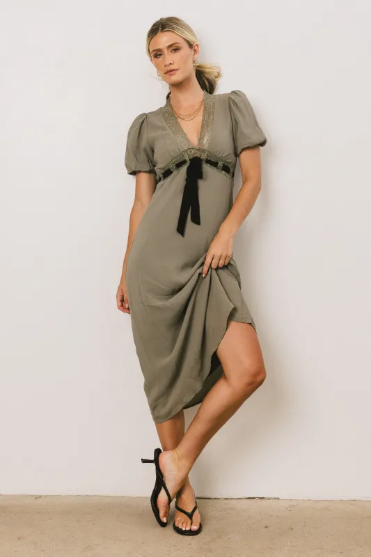 Selah Lace Trim Midi Dress in Sage sold by bohme