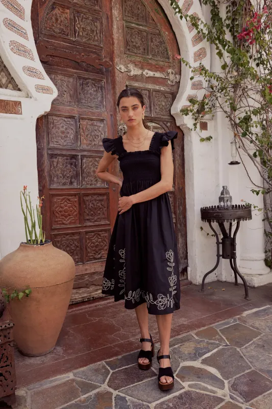 Lane Embroidered Midi Dress in Black sold by bohme