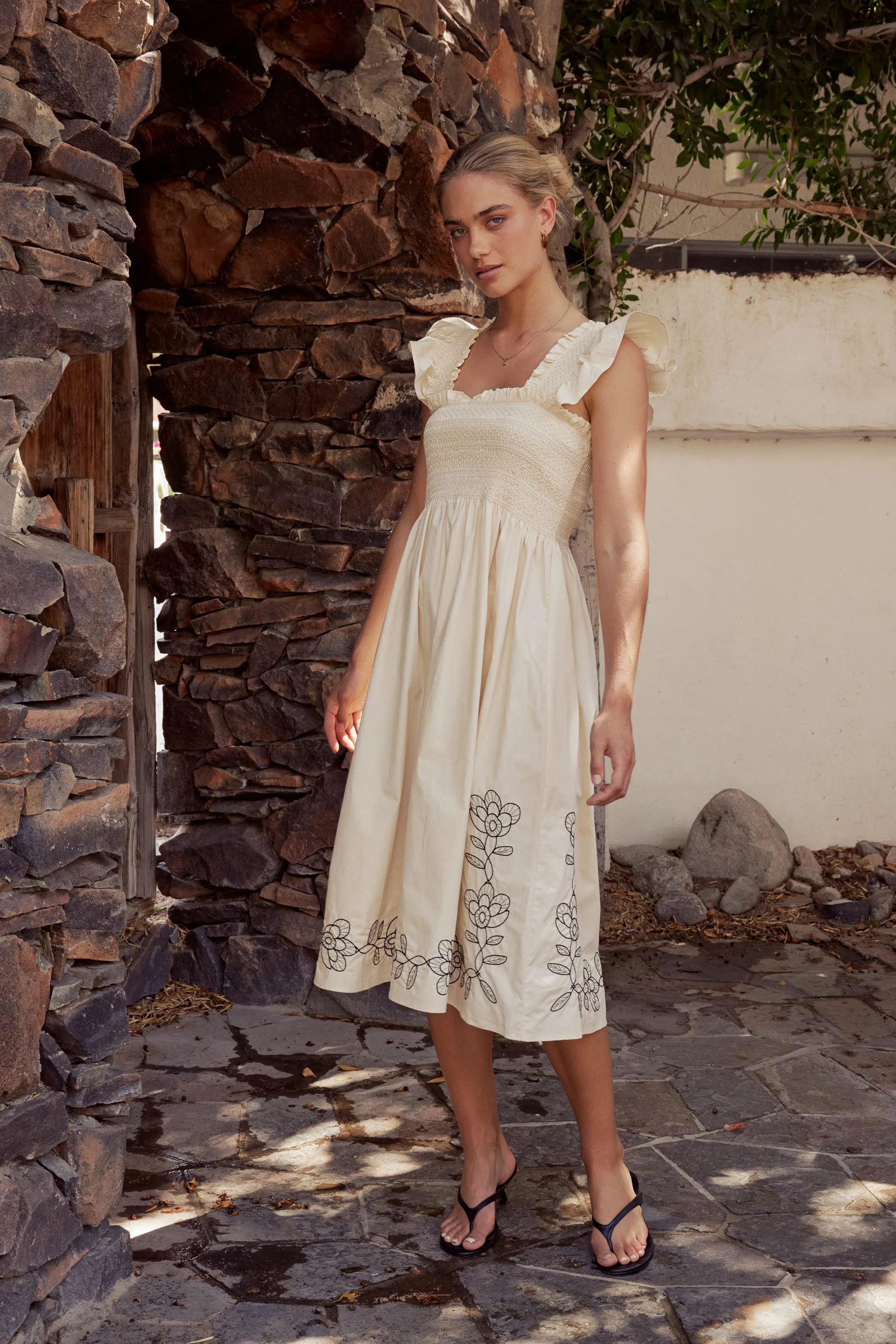Lane Embroidered Midi Dress in Cream sold by bohme