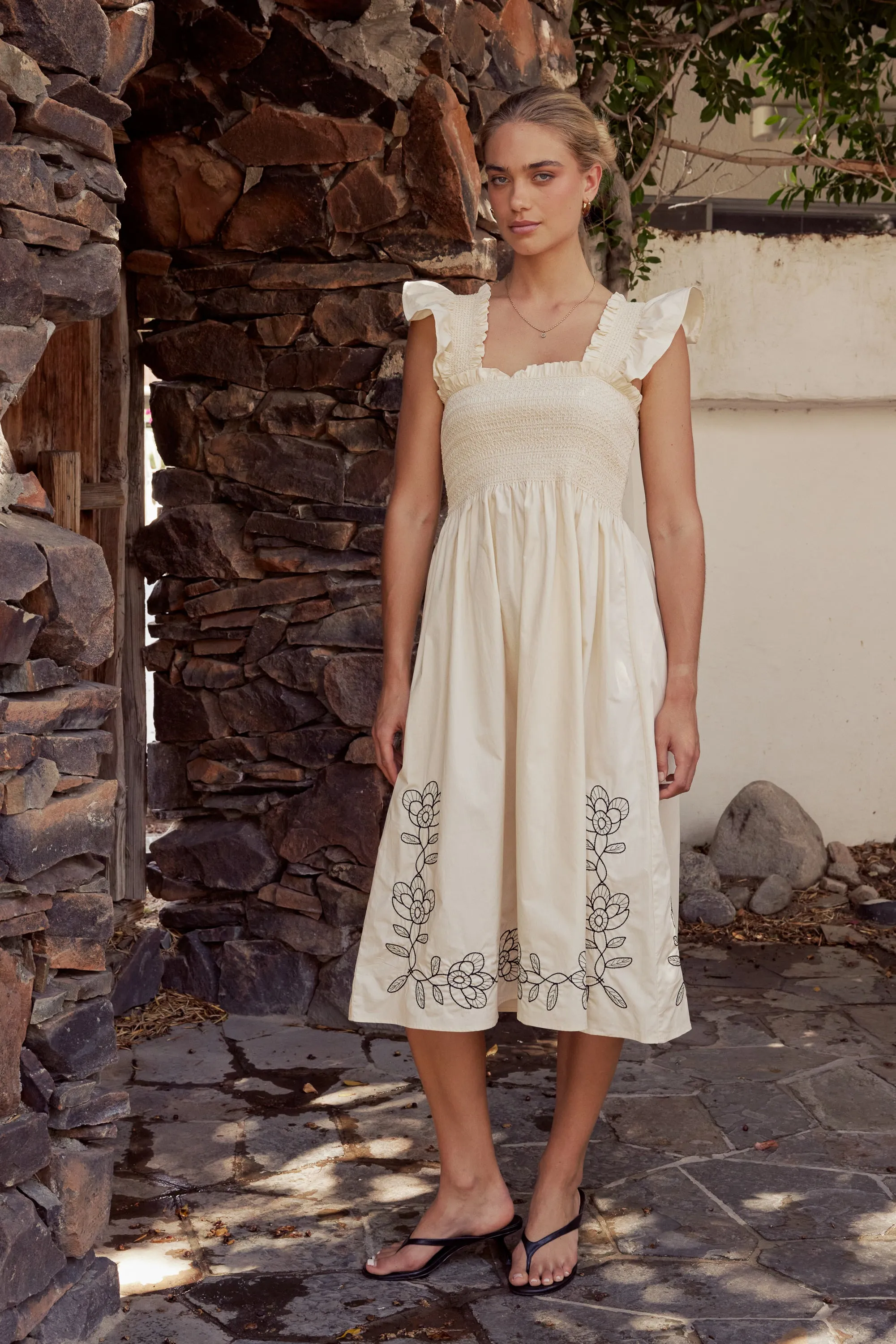 Lane Embroidered Midi Dress in Cream sold by bohme product image thumbnail 3