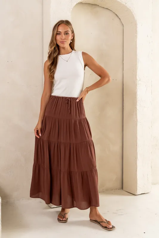 June Tiered Maxi Skirt in Brown sold by bohme