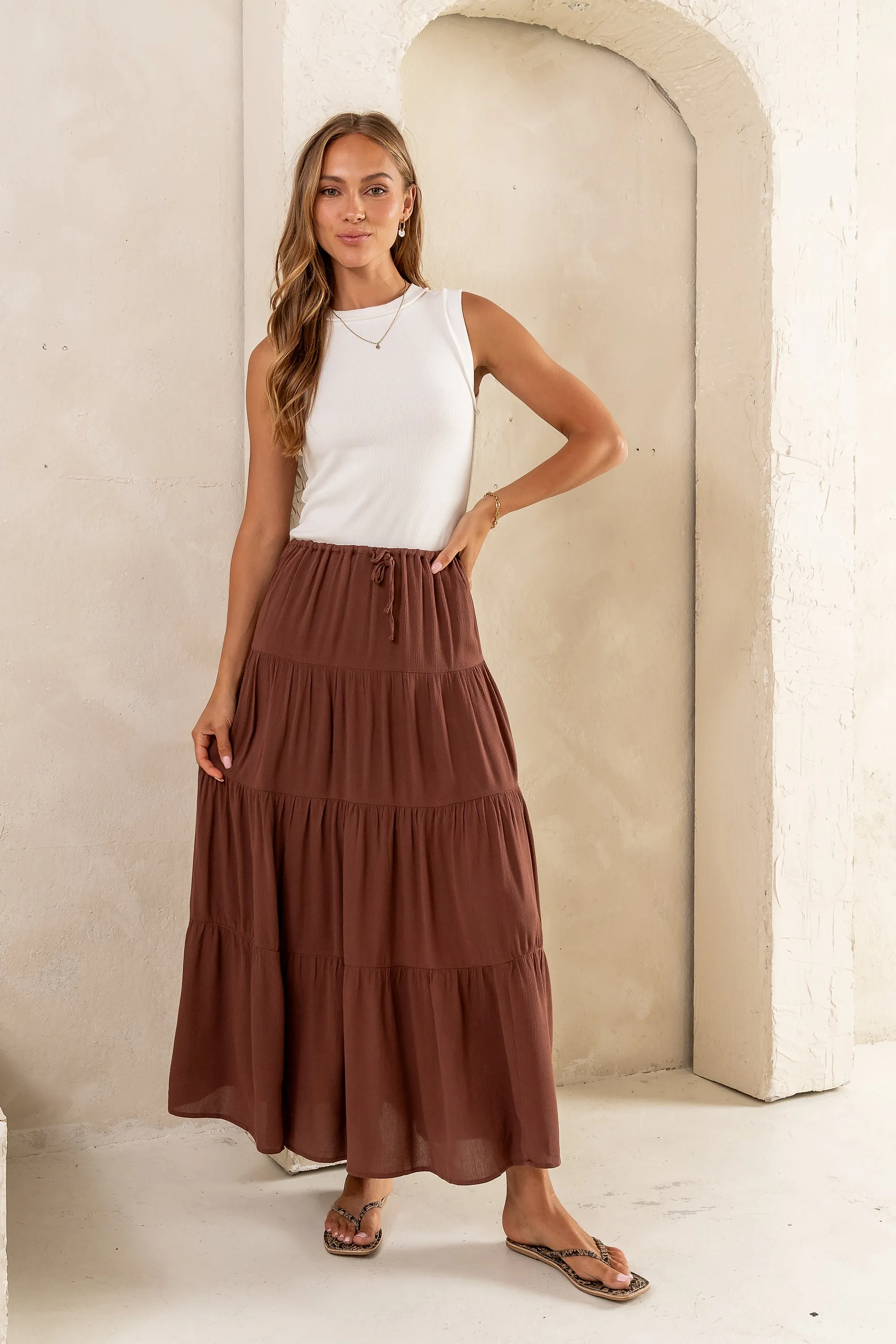 June Tiered Maxi Skirt in Brown - FINAL SALE sold by bohme