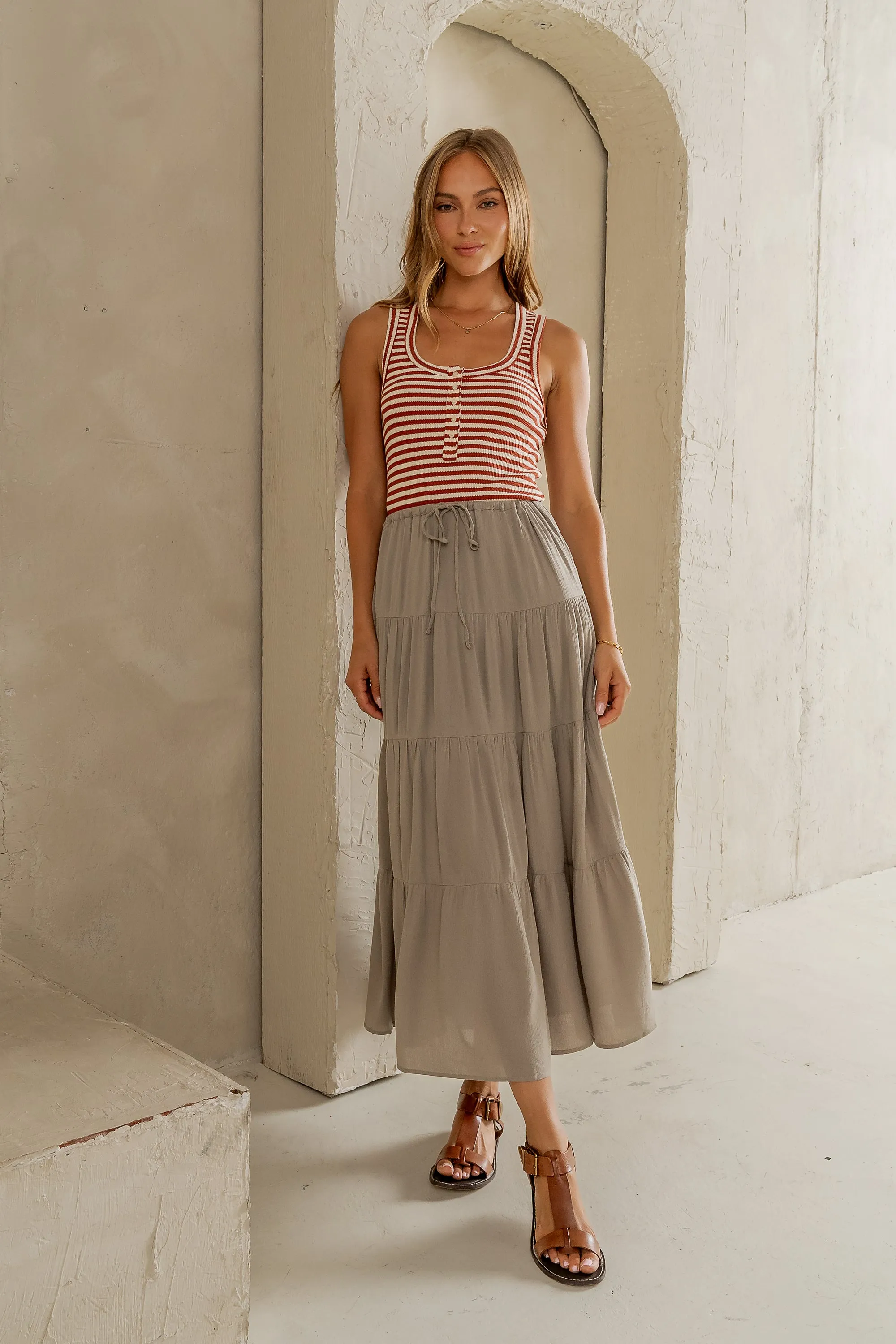 June Tiered Maxi Skirt in Olive sold by bohme product image thumbnail 2