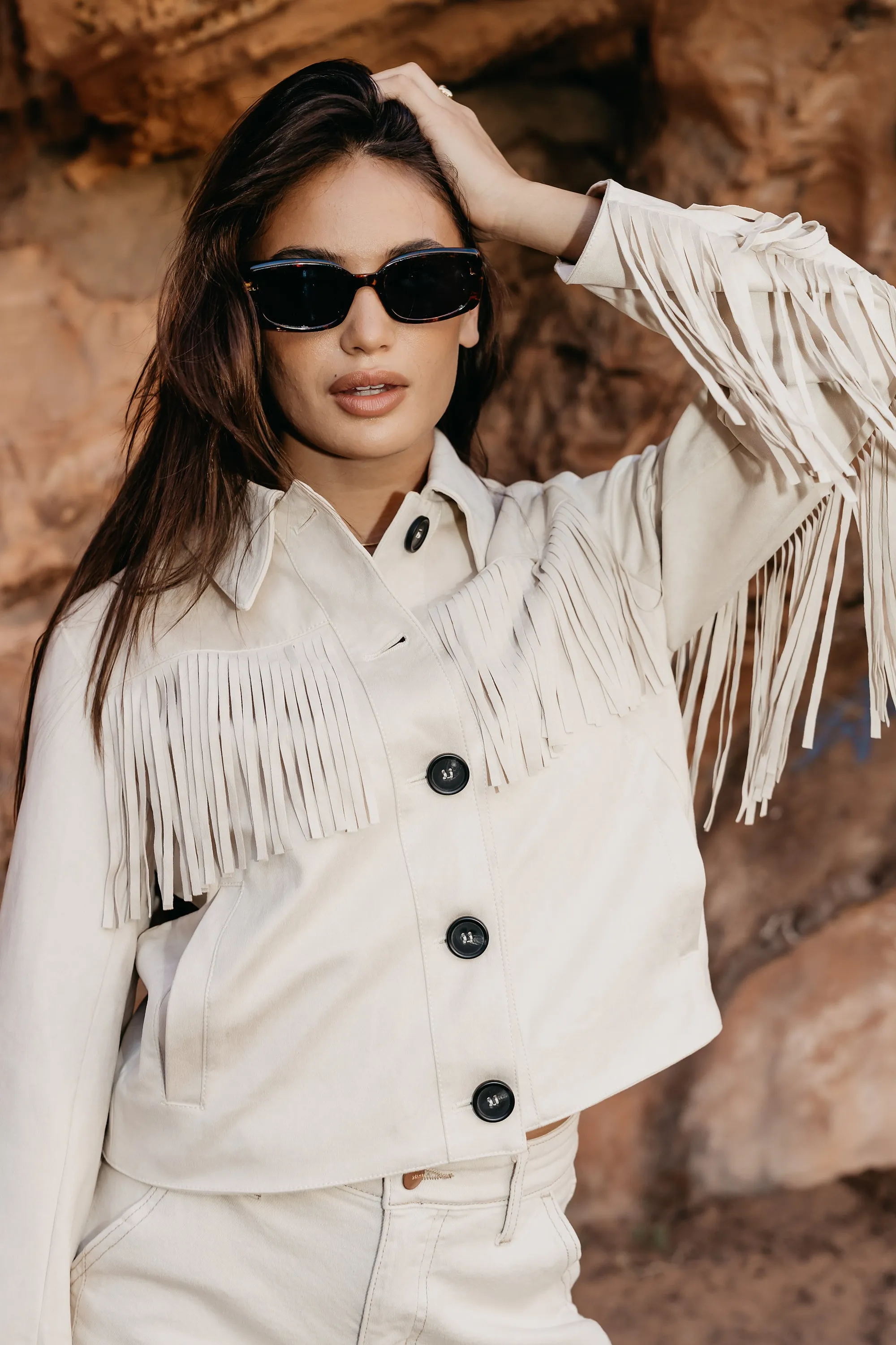 Bridget Fringe Jacket in Bone sold by bohme