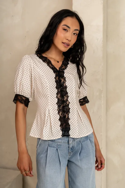 Angie Lace Trim Blouse in Cream sold by bohme