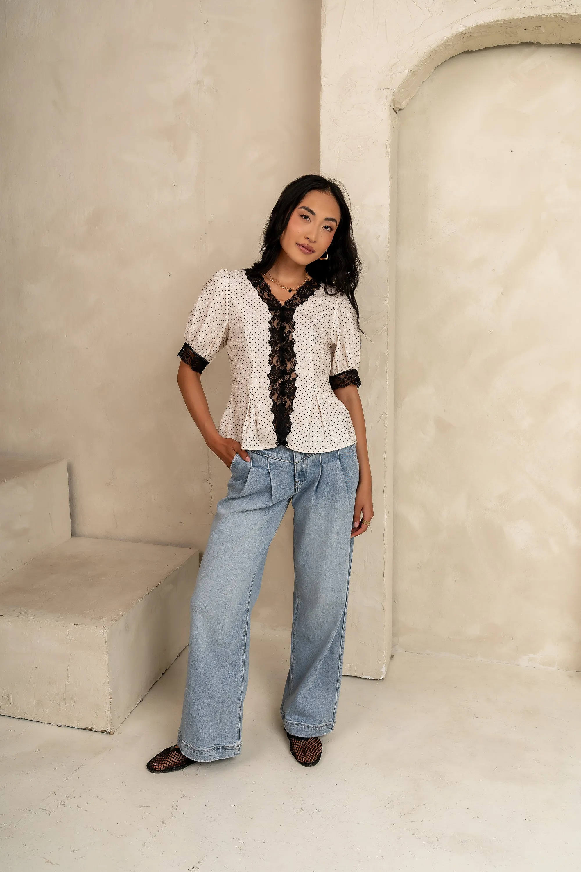 Angie Lace Trim Blouse in Cream - FINAL SALE sold by bohme product image thumbnail 3