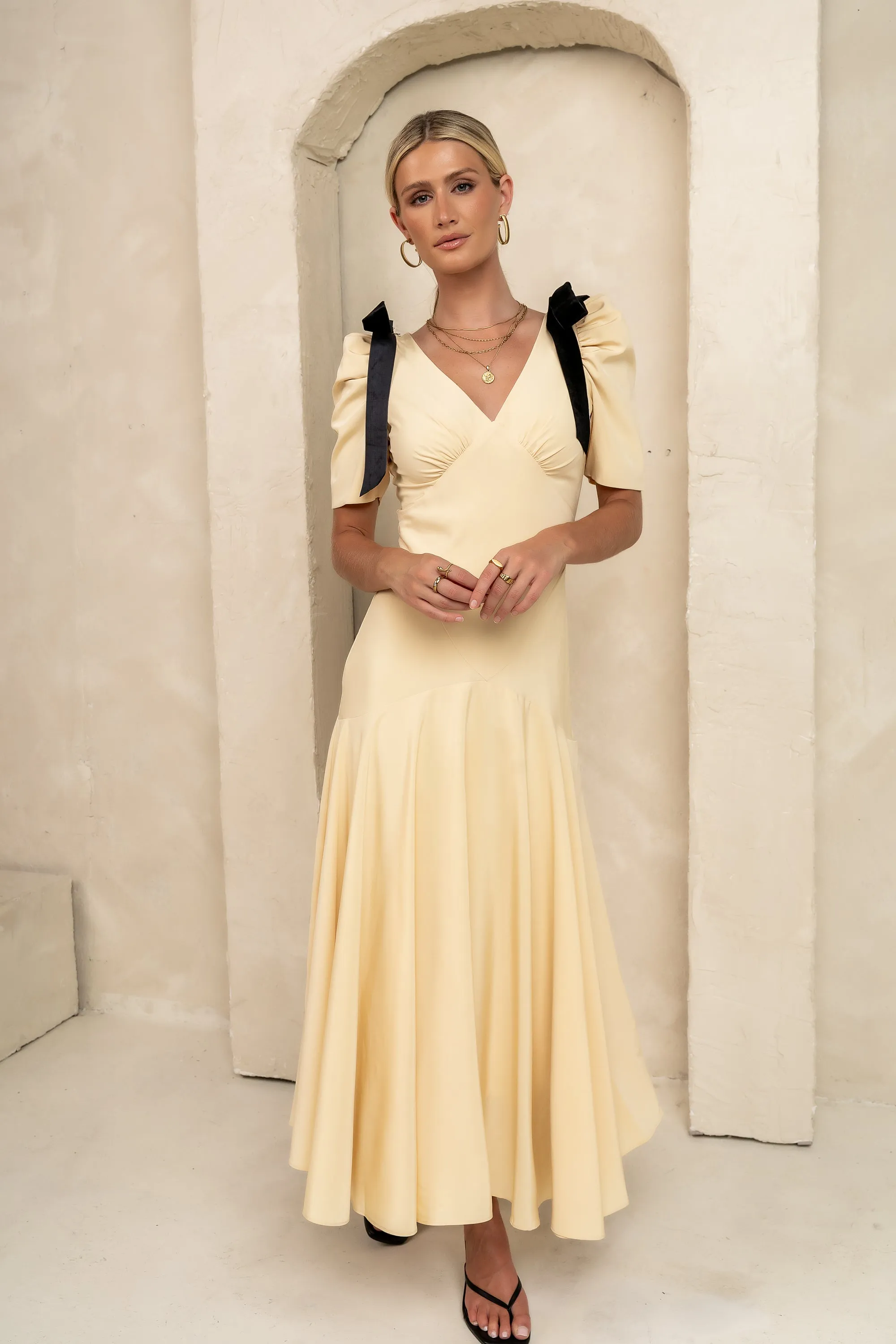 Nellie Drop Waist Maxi Dress in Yellow sold by bohme