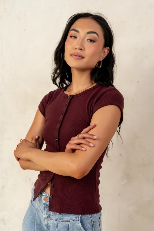 Vestia Button Up Tee in Burgundy sold by bohme