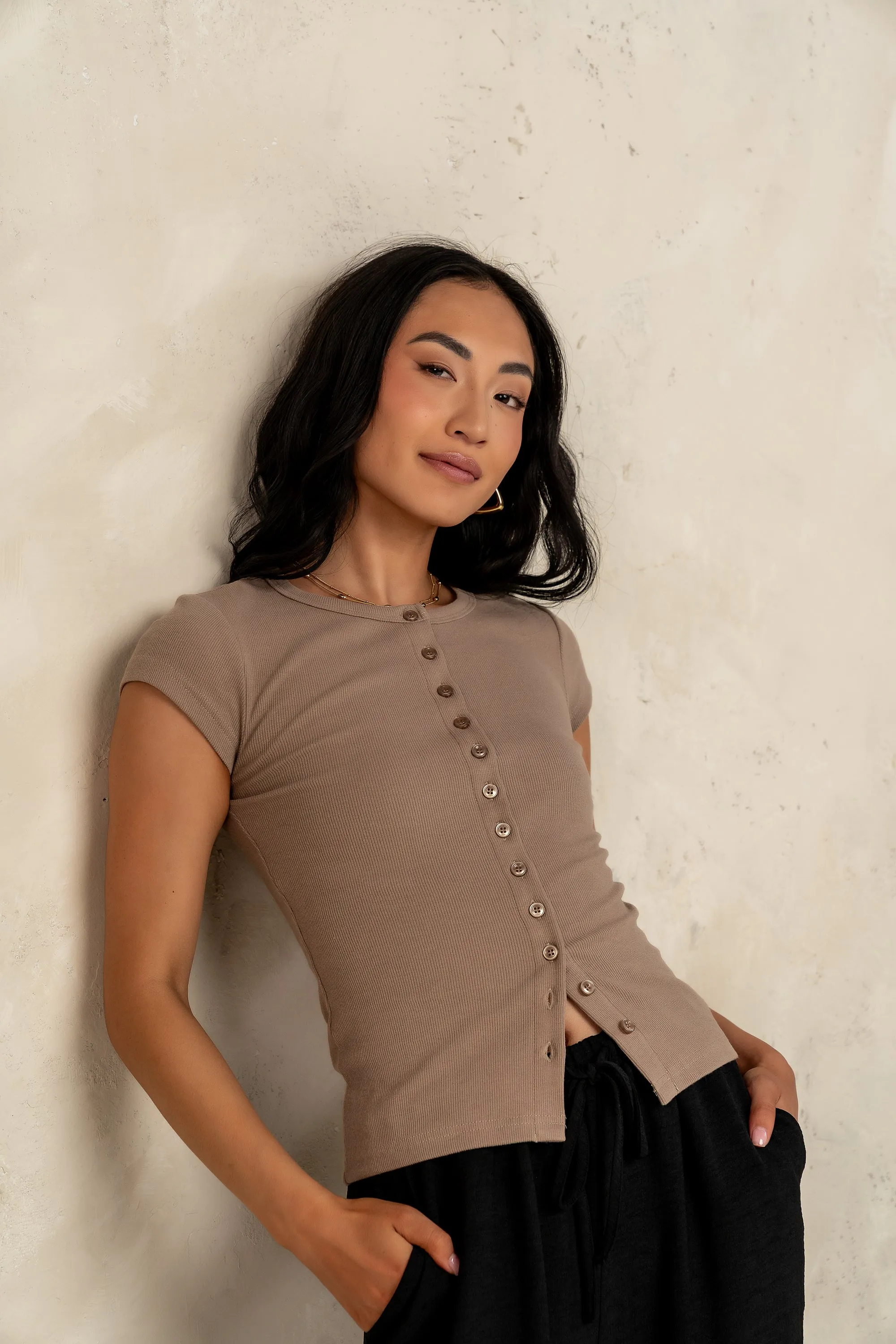 Vestia Button Up Tee in Brown sold by bohme