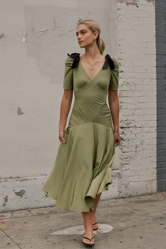 Nellie Drop Waist Maxi Dress in Sage sold by bohme