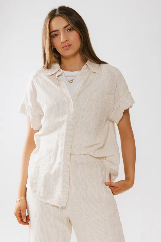 Belen Striped Button Up in Taupe sold by bohme