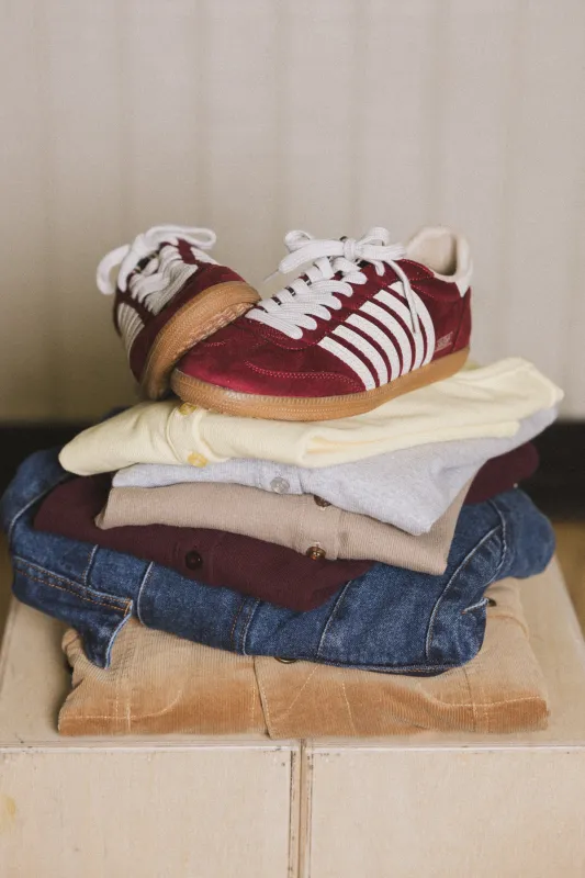 Stevie Striped Sneaker in Wine sold by bohme