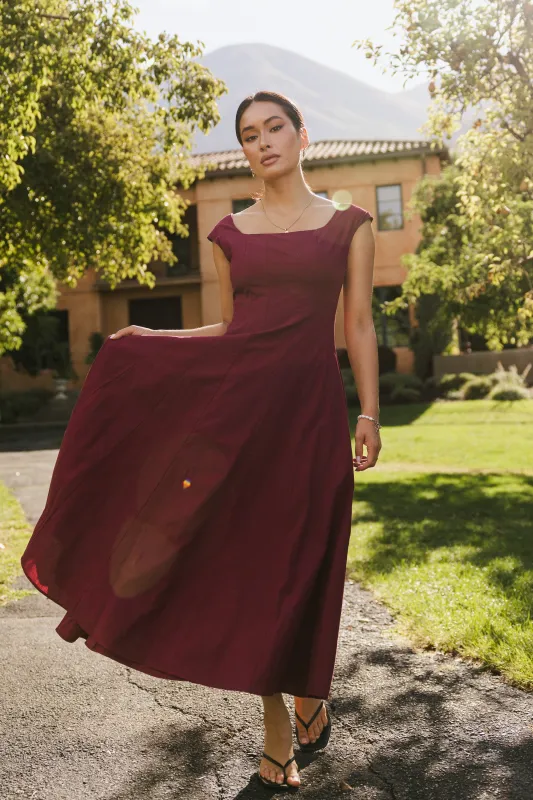 Colin Midi Dress in Burgundy sold by bohme