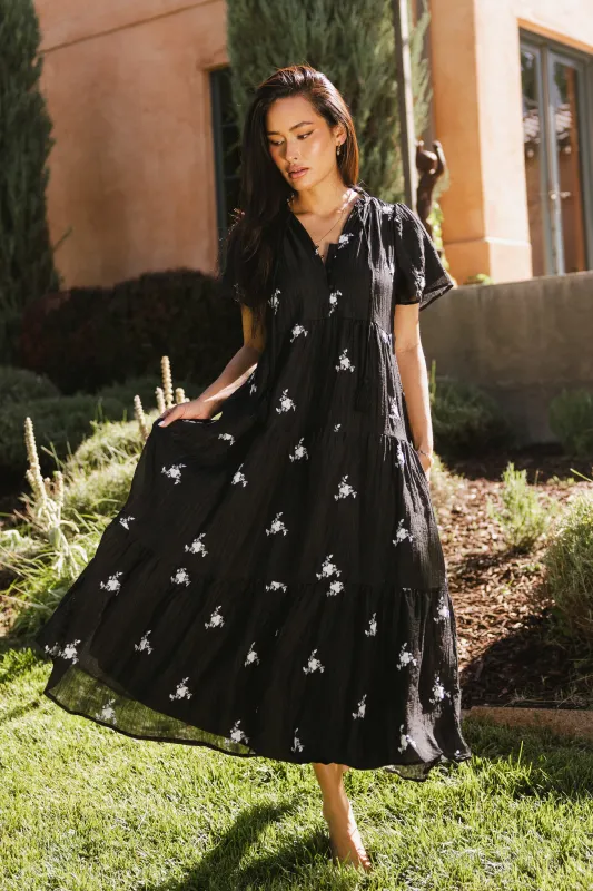 Flynn Embroidered Maxi Dress in Black sold by bohme