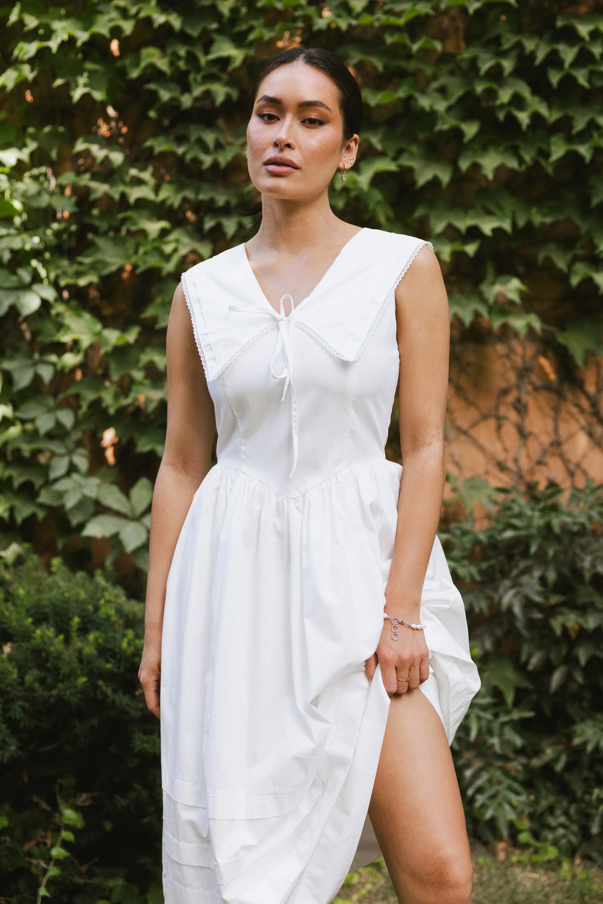 Louie Collared Midi Dress in White sold by bohme