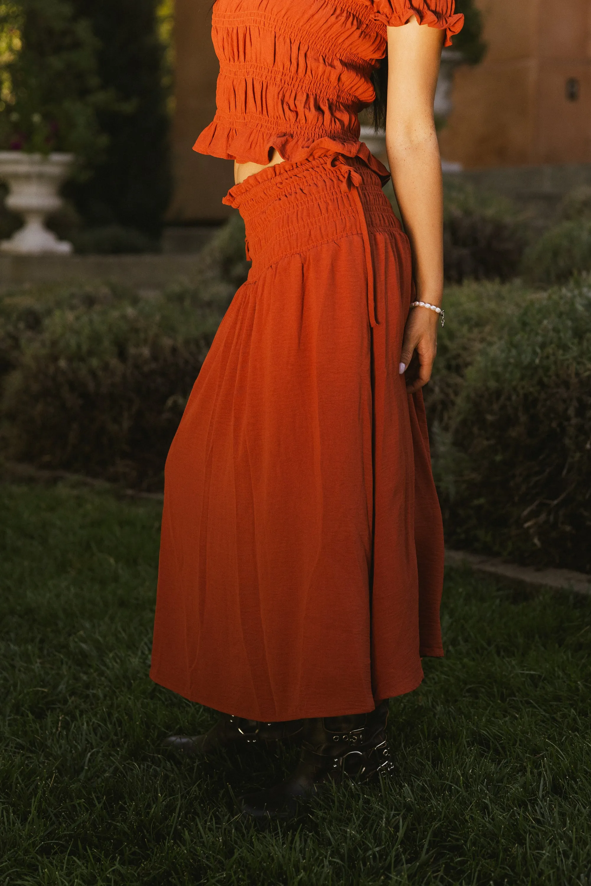 Micah Smocked Maxi Skirt in Rust sold by bohme product image thumbnail 4