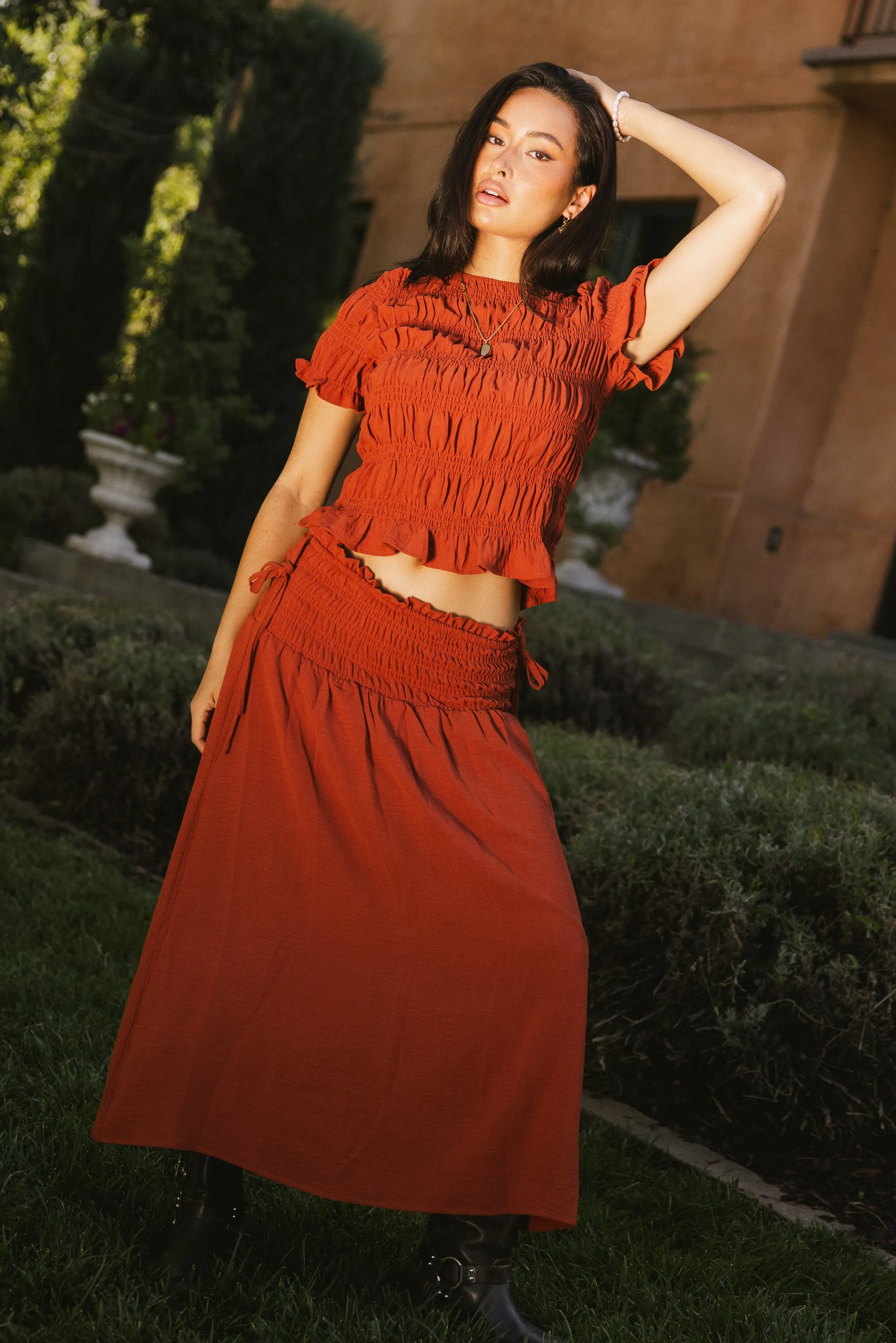 Micah Smocked Maxi Skirt in Rust sold by bohme product image thumbnail 3