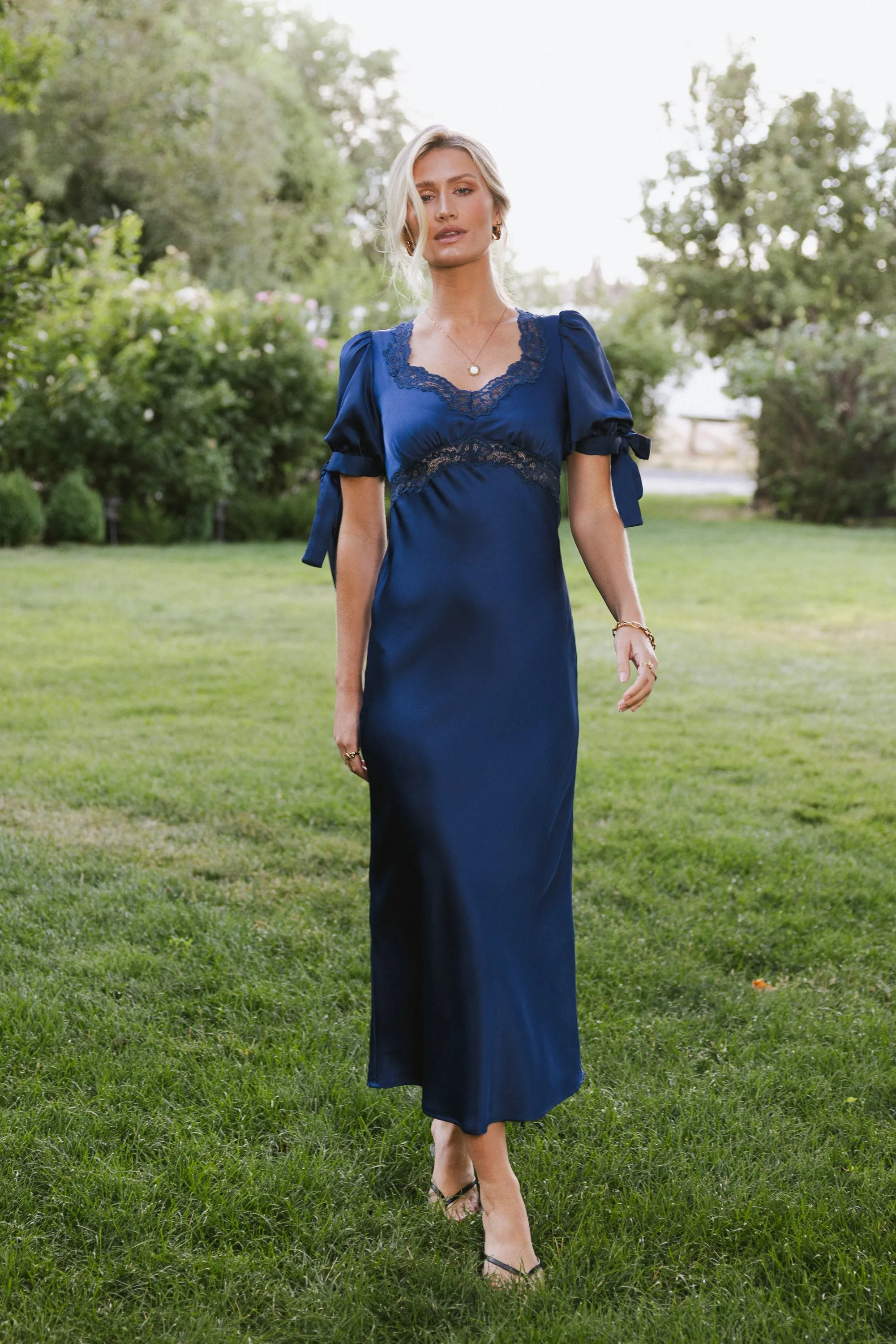 Amanda Lace Trim Maxi Dress in Navy sold by bohme