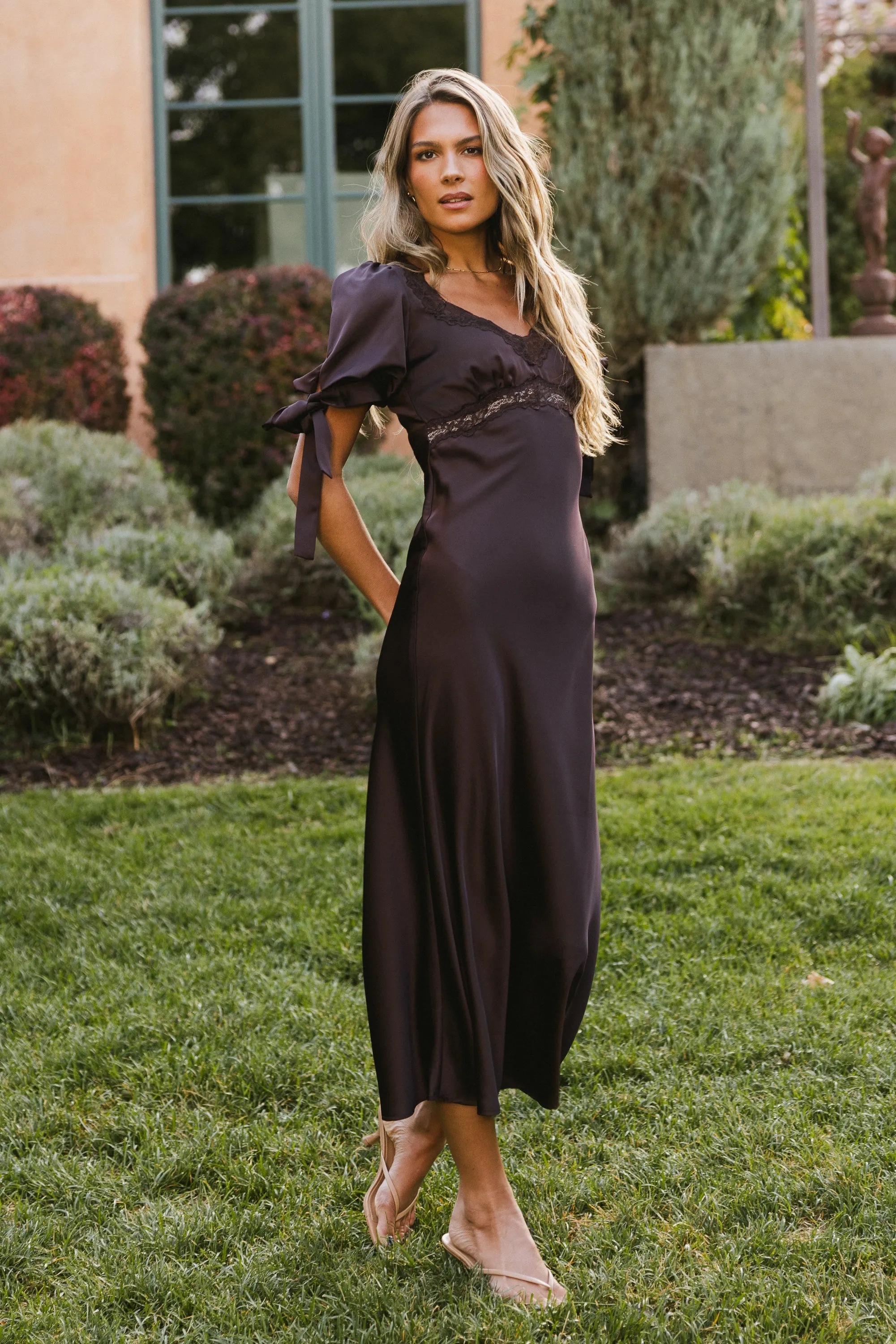 Amanda Lace Trim Maxi Dress in Brown sold by bohme