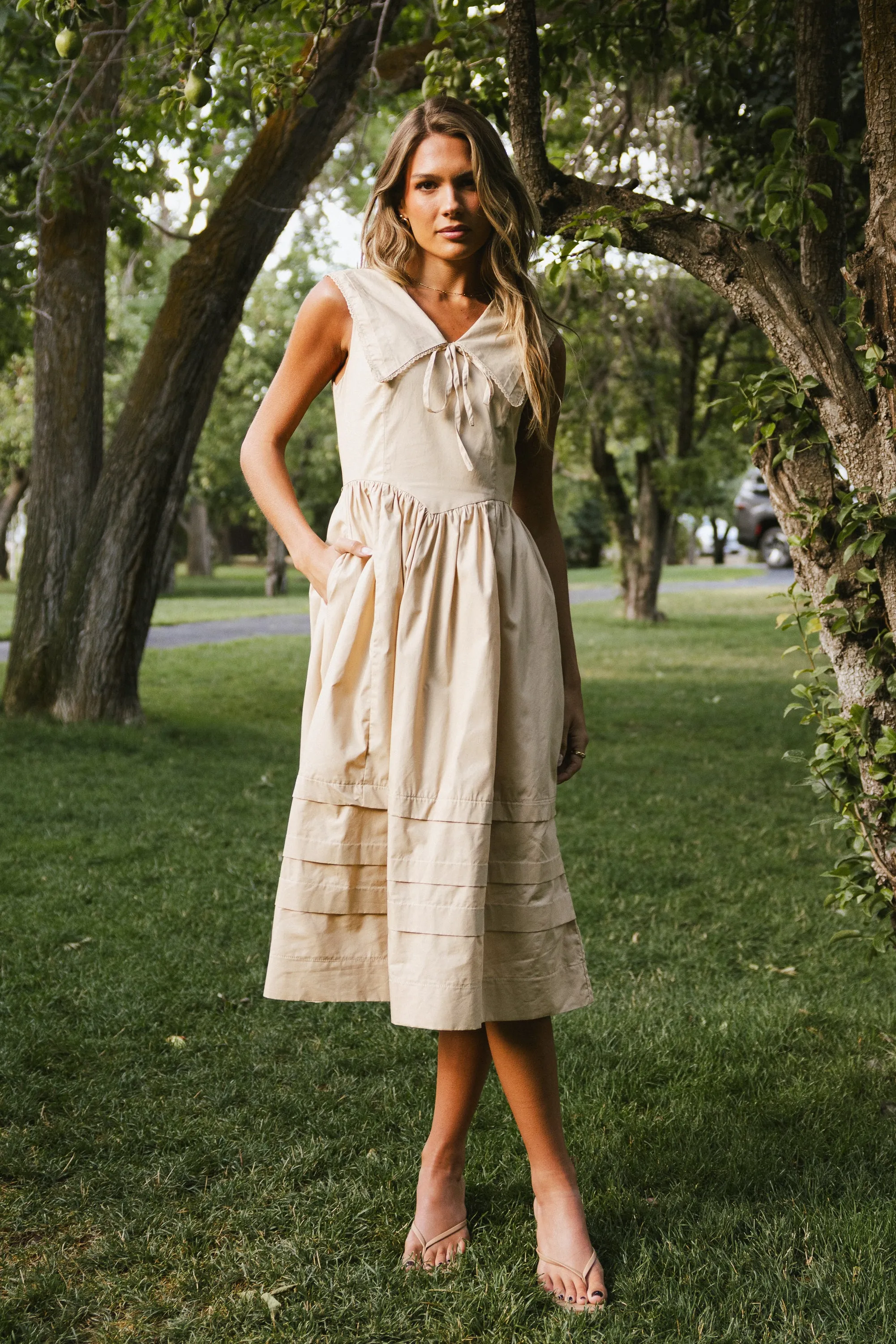 Louie Collared Midi Dress in Taupe sold by bohme