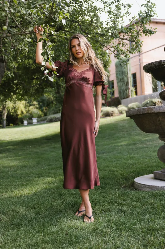 Amanda Lace Trim Maxi Dress in Red-Brown sold by bohme