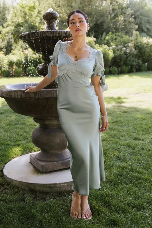 Amanda Lace Trim Maxi Dress in Light Sage sold by bohme