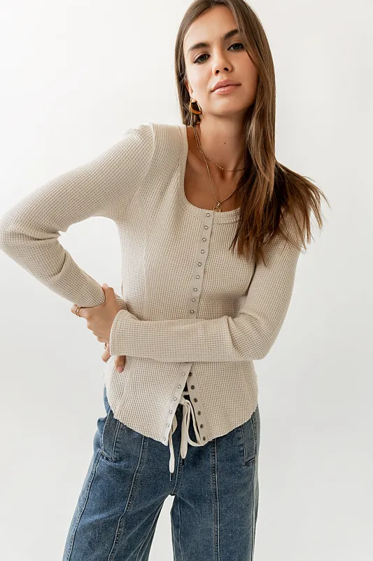 Cal Waffle Knit Top in Oatmeal sold by bohme