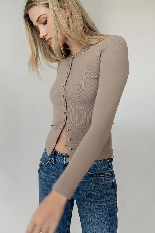 Mia Button Up Top in Taupe sold by bohme
