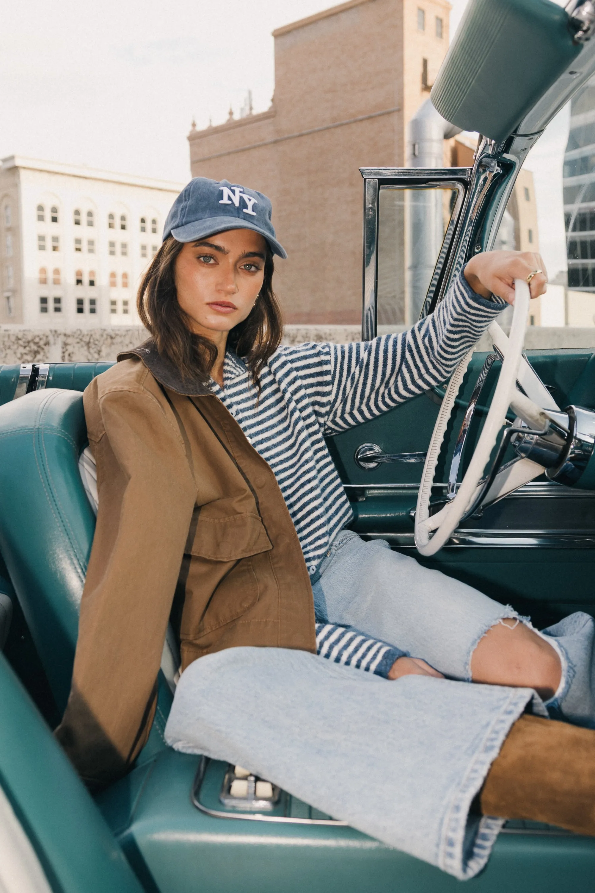 Miriam Striped Cardigan in Denim sold by bohme