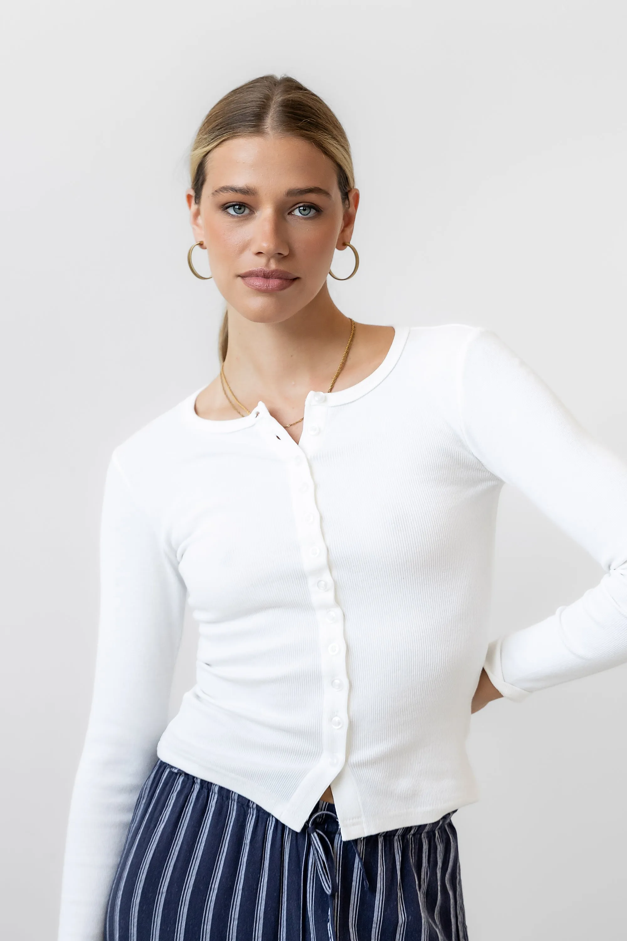 Mia Button Up Top in White sold by bohme