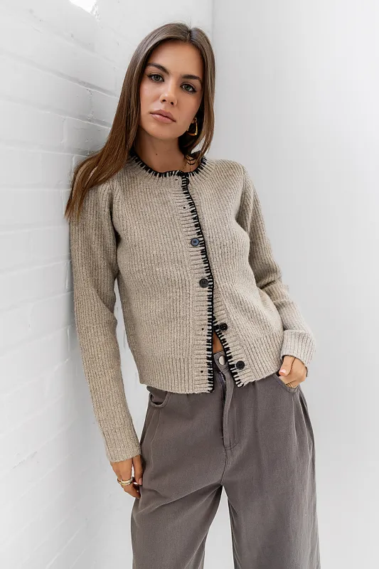 Darren Contrast Cardigan in Taupe sold by bohme