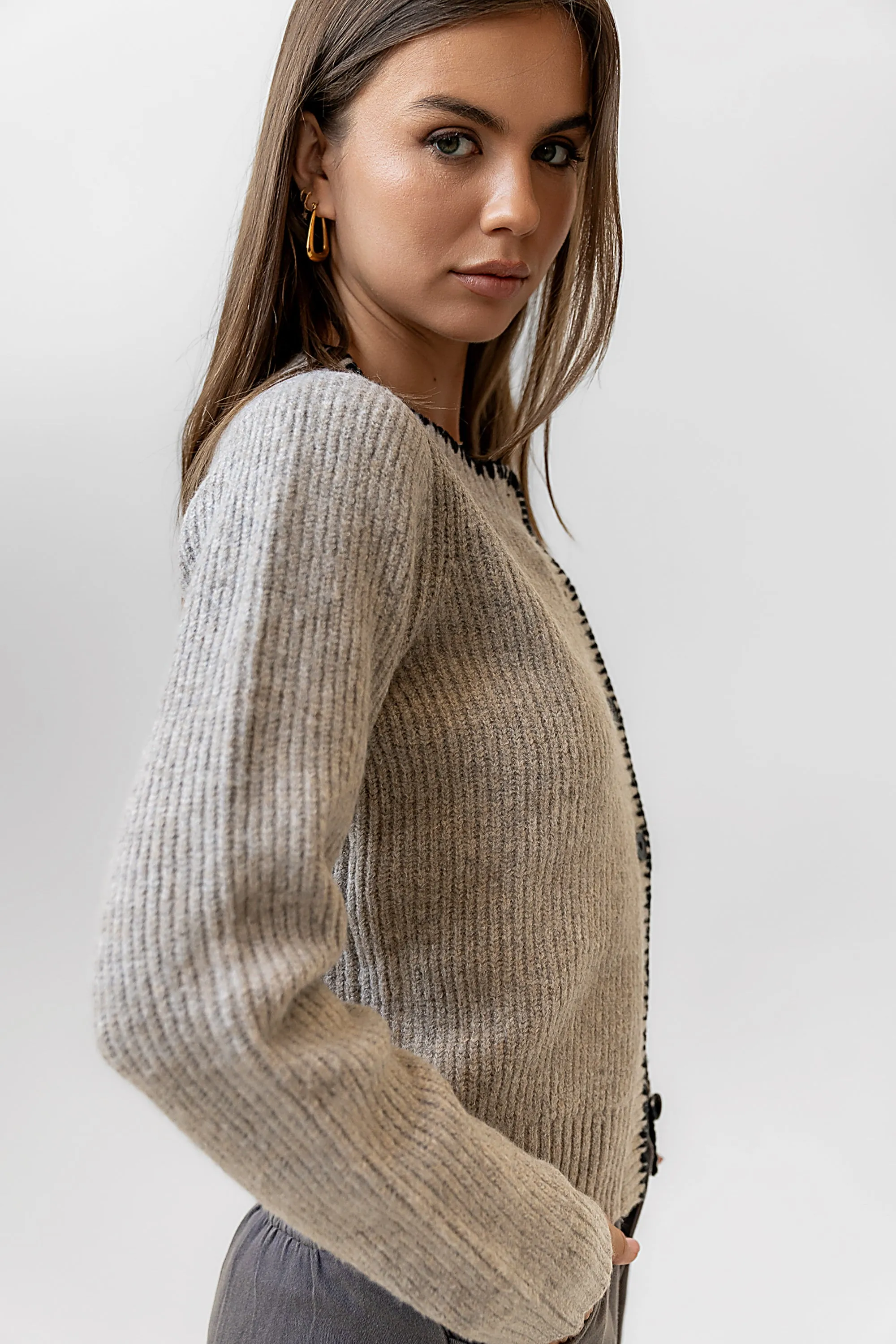 Darren Contrast Cardigan in Taupe sold by bohme product image thumbnail 4