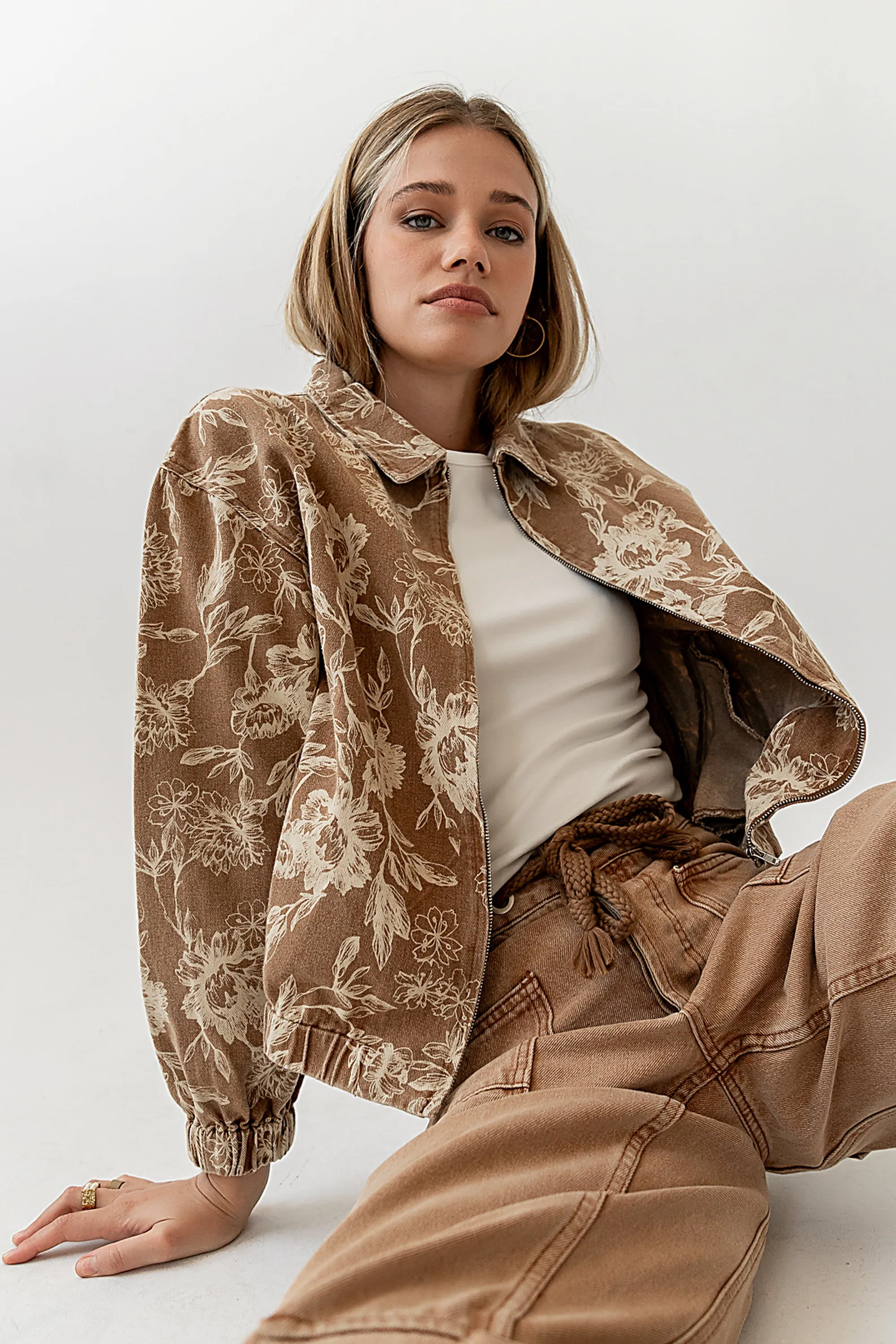 Kellie Floral Bomber Jacket in Camel sold by bohme