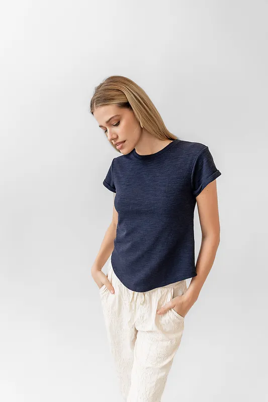 Selena Rolled Sleeve Shirt in Navy sold by bohme