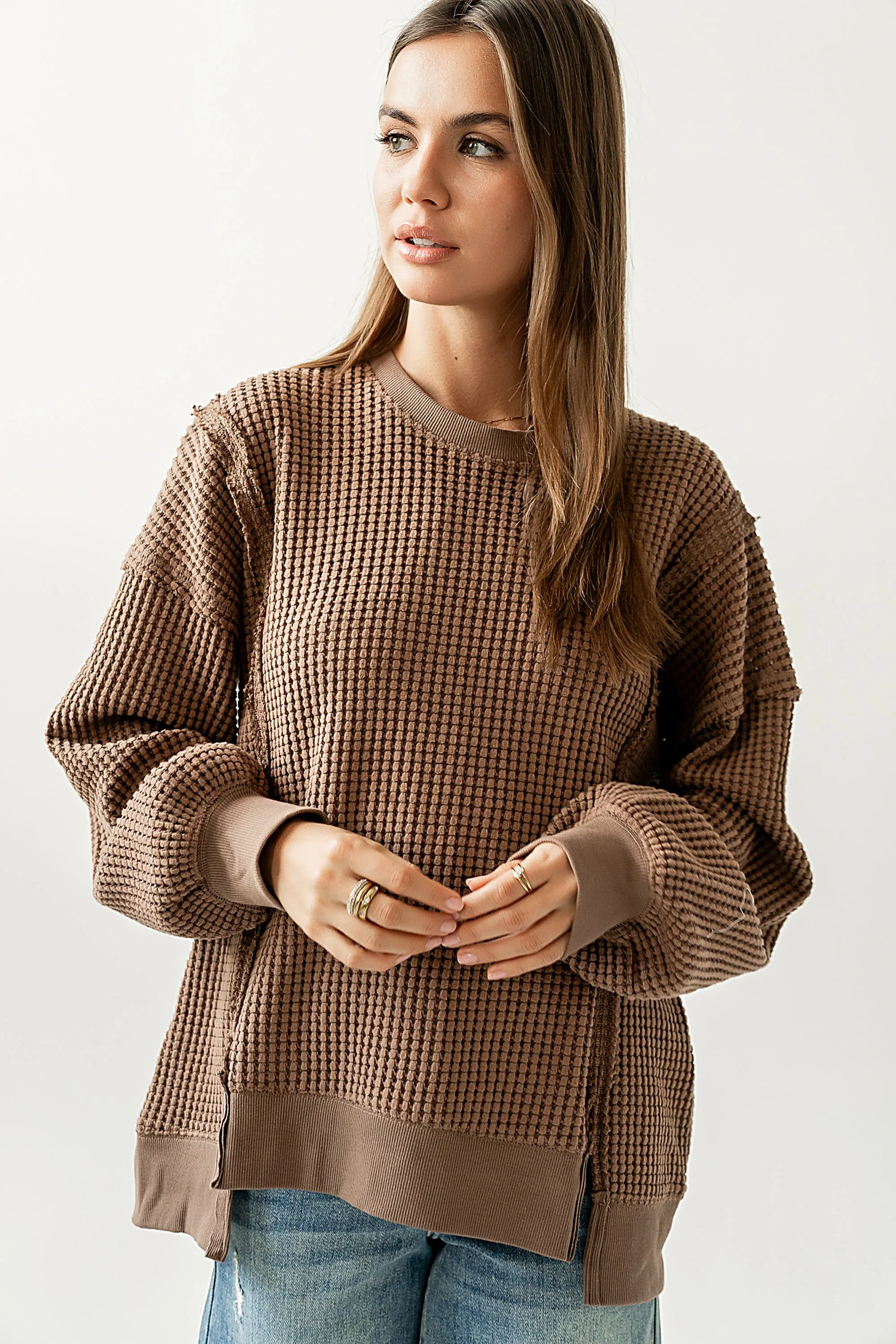Trace Waffle Knit Top in Mocha sold by bohme