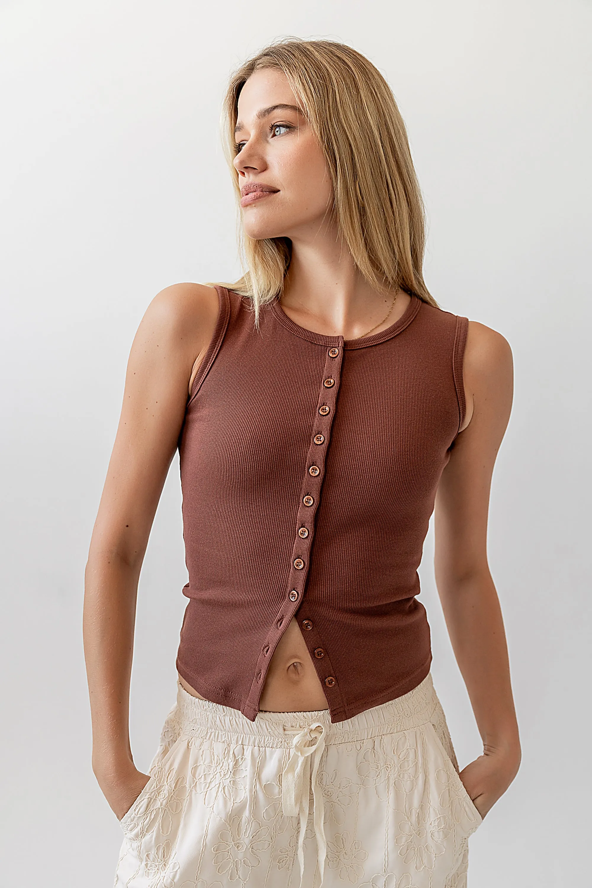Lucas Button Up Tank Top in Red-Brown sold by bohme product image thumbnail 2