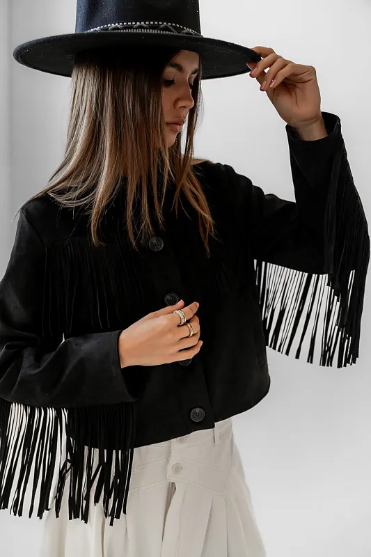 Bridget Fringe Jacket in Black sold by bohme