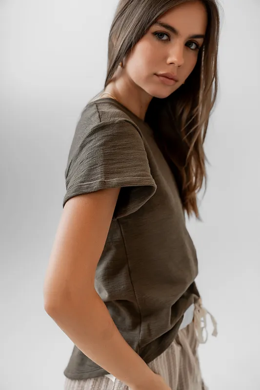 Selena Rolled Sleeve Shirt in Olive sold by bohme